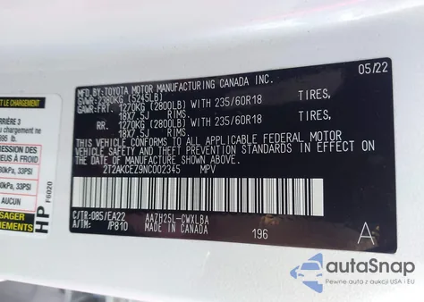 2022 Lexus Nx Nx 350H z USA, uszkodzony, nr VIN 2T2AKCEZ9NC002345